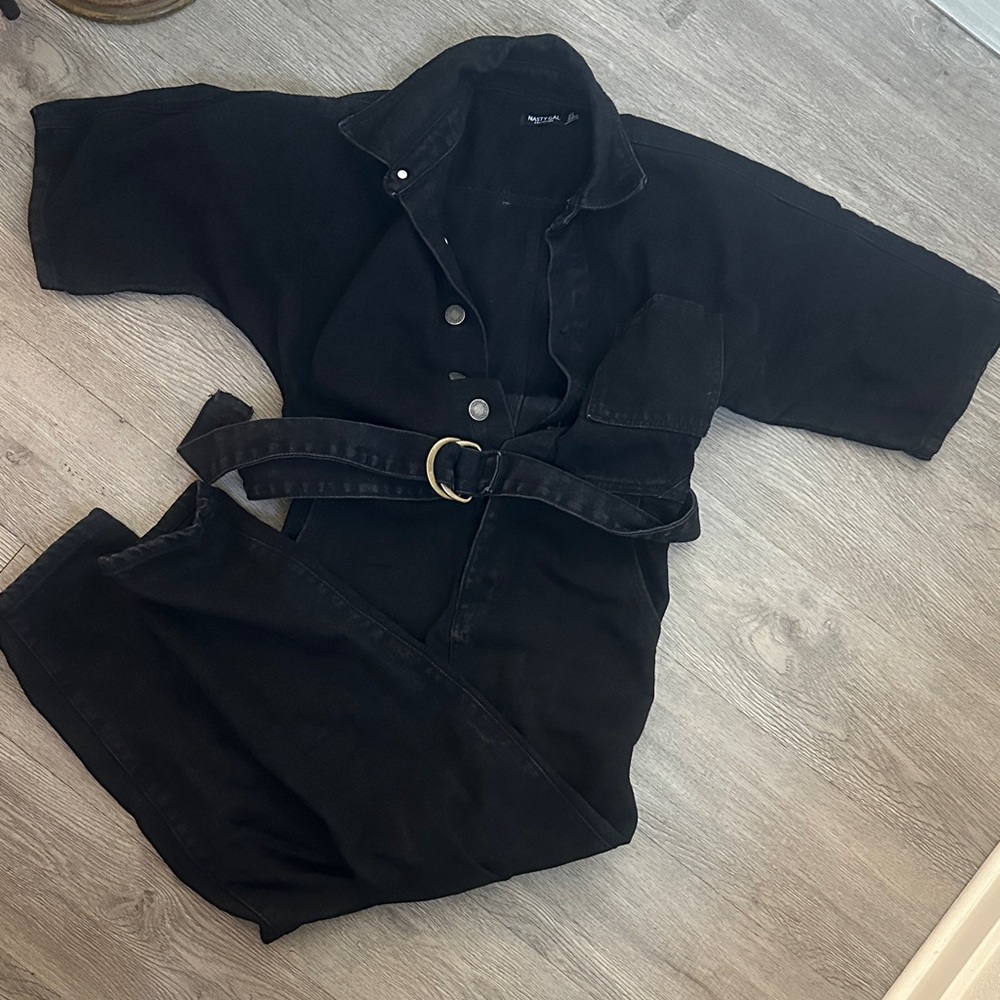 Nasty Gal Black Denim Belted Jumpsuit